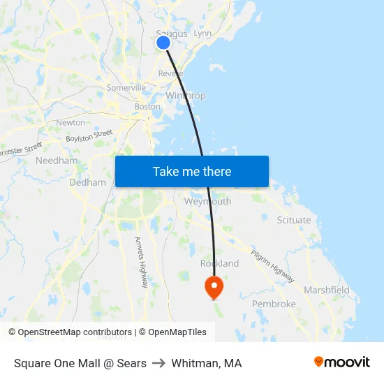 Square One Mall @ Sears to Whitman, MA map