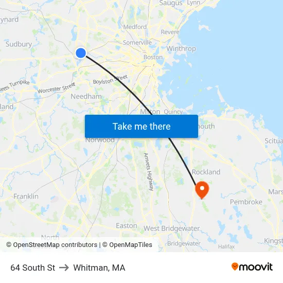 64 South St to Whitman, MA map