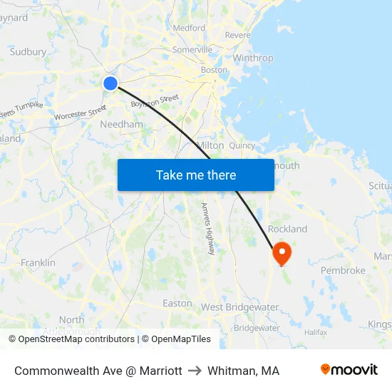 Commonwealth Ave @ Marriott to Whitman, MA map