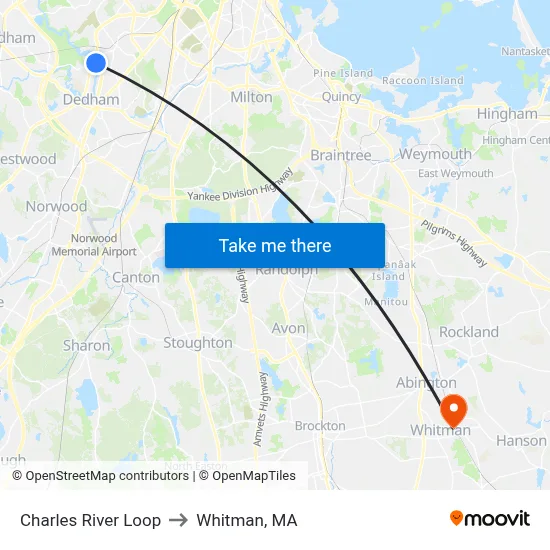 Charles River Loop to Whitman, MA map