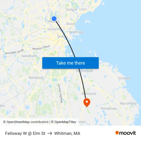 Fellsway W @ Elm St to Whitman, MA map
