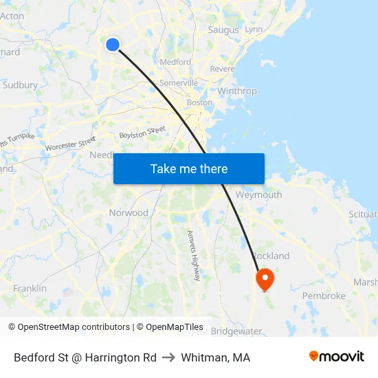 Bedford St @ Harrington Rd to Whitman, MA map