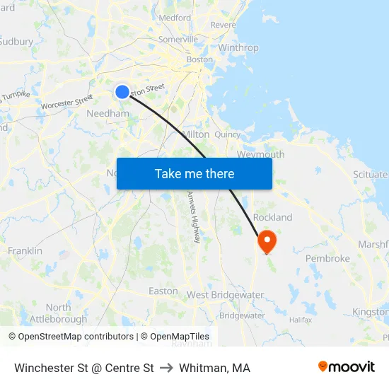Winchester St @ Centre St to Whitman, MA map