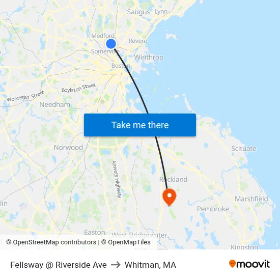 Fellsway @ Riverside Ave to Whitman, MA map