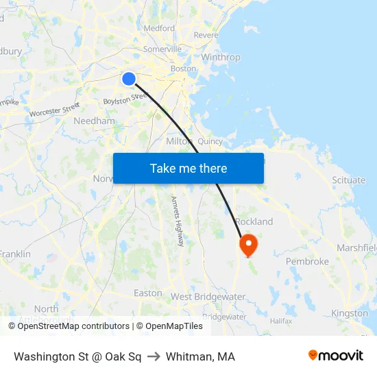 Washington St @ Oak Sq to Whitman, MA map