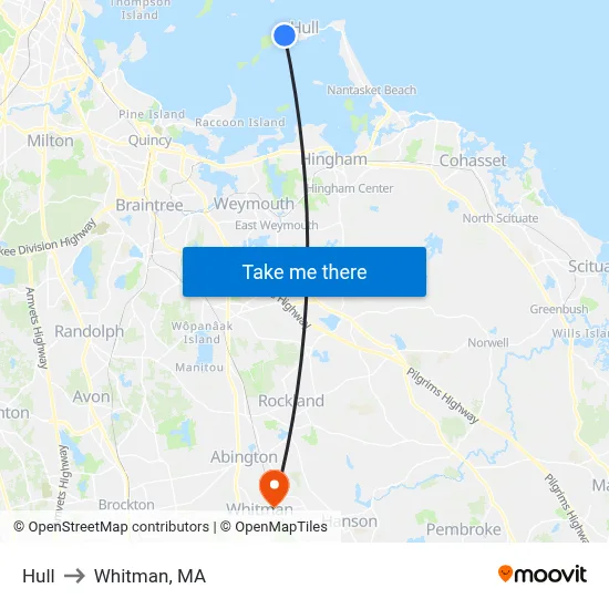 Hull to Whitman, MA map