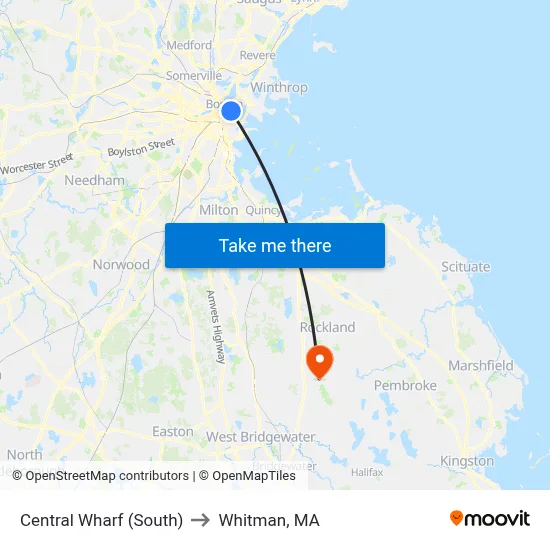 Central Wharf (South) to Whitman, MA map
