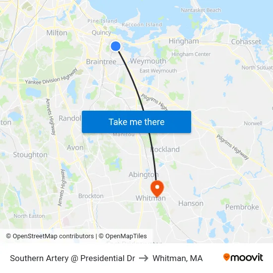 Southern Artery @ Presidential Dr to Whitman, MA map