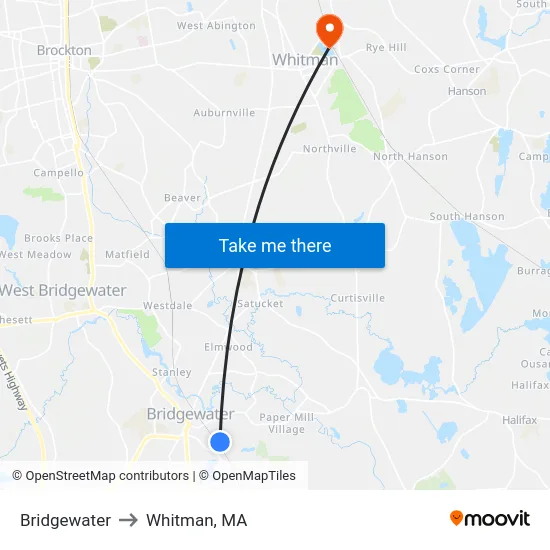 Bridgewater to Whitman, MA map