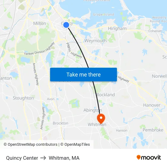Quincy Center to Whitman, MA map