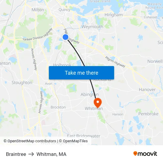 Braintree to Whitman, MA map