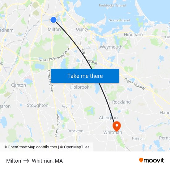 Milton to Whitman, MA map