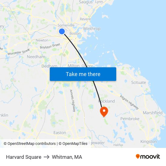 Harvard Square to Whitman, MA map