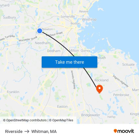 Riverside to Whitman, MA map