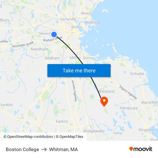 Boston College to Whitman, MA map