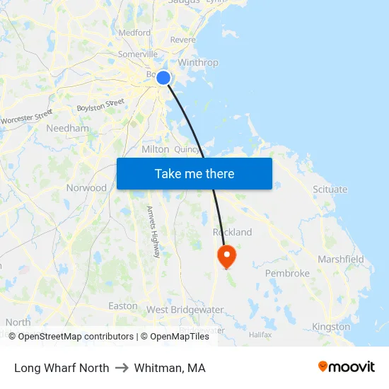 Long Wharf North to Whitman, MA map
