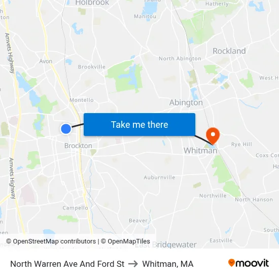 North Warren Ave And Ford St to Whitman, MA map