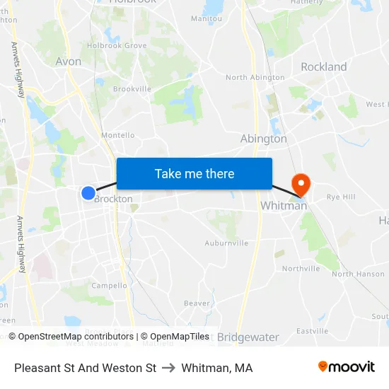 Pleasant St And Weston St to Whitman, MA map