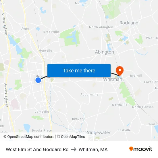 West Elm St And Goddard Rd to Whitman, MA map