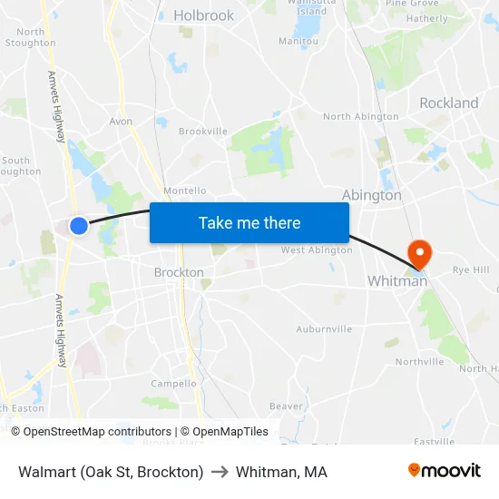 Walmart (Oak St, Brockton) to Whitman, MA map
