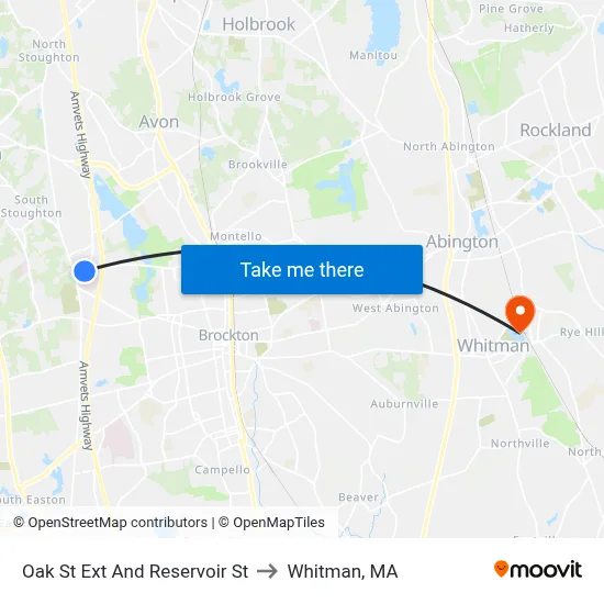 Oak St Ext And Reservoir St to Whitman, MA map