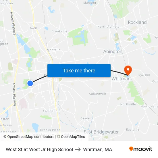 West St at West Jr High School to Whitman, MA map