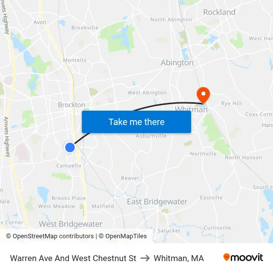 Warren Ave And West Chestnut St to Whitman, MA map