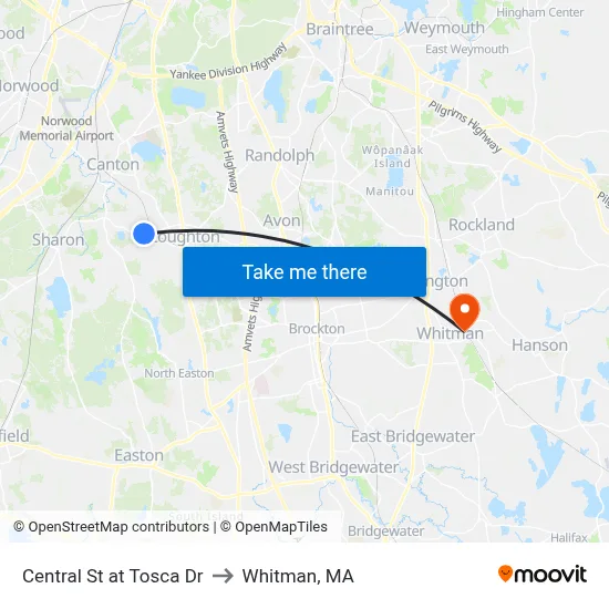 Central St at Tosca Dr to Whitman, MA map