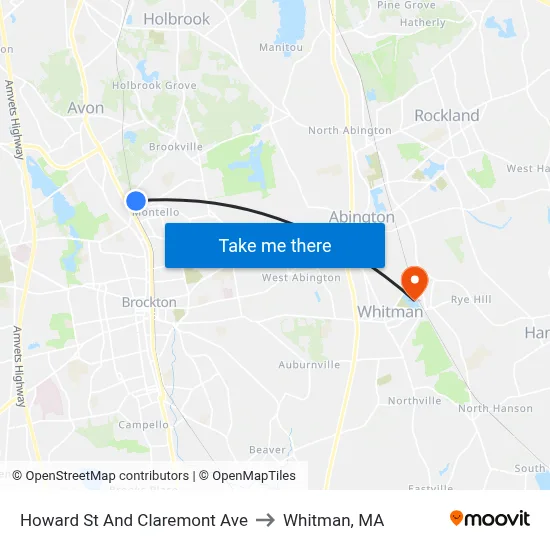 Howard St And Claremont Ave to Whitman, MA map