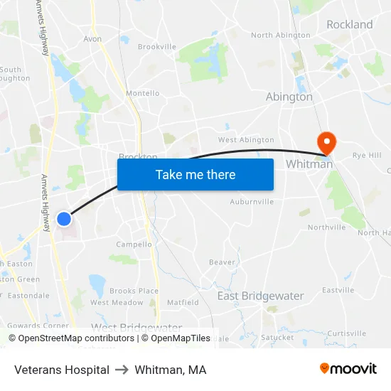 Veterans Hospital to Whitman, MA map