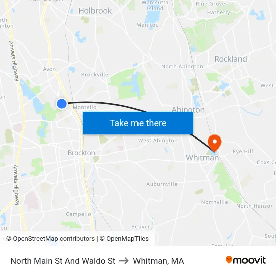 North Main St And Waldo St to Whitman, MA map