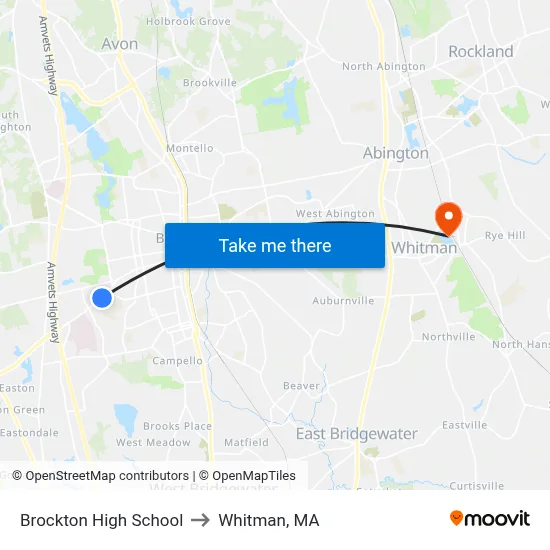 Brockton High School to Whitman, MA map
