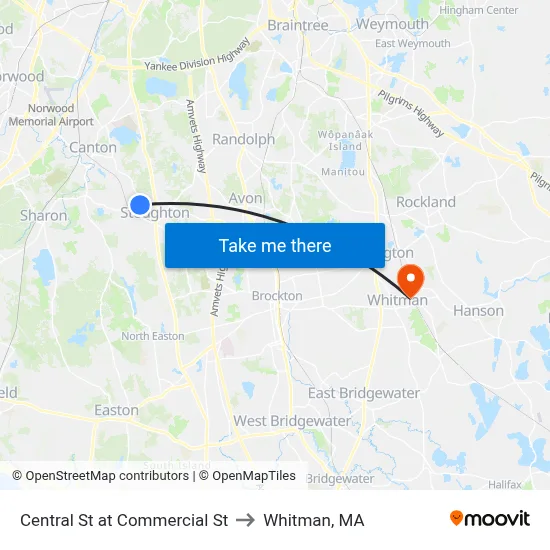 Central St at Commercial St to Whitman, MA map