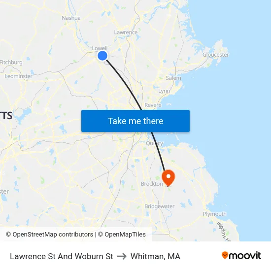 Lawrence St And Woburn St to Whitman, MA map