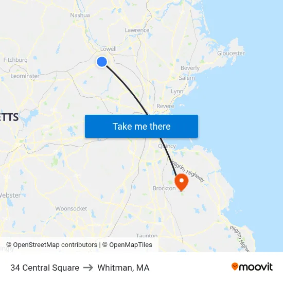 34 Central Square to Whitman, MA map
