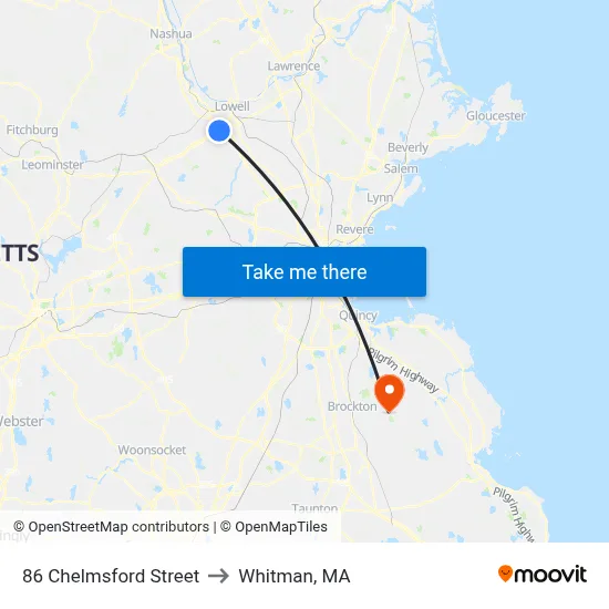 86 Chelmsford Street to Whitman, MA map
