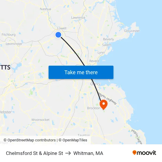Chelmsford St & Alpine St to Whitman, MA map