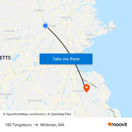 180 Tyngsboro to Whitman, MA map