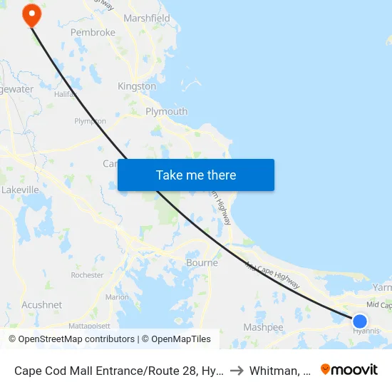 Cape Cod Mall Entrance/Route 28, Hyannis to Whitman, MA map