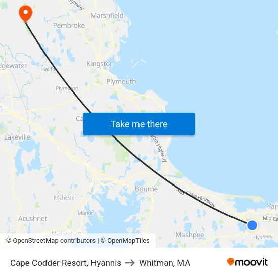 Cape Codder Resort, Hyannis to Whitman, MA map