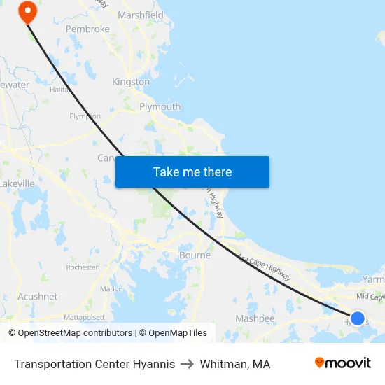 Transportation Center Hyannis to Whitman, MA map