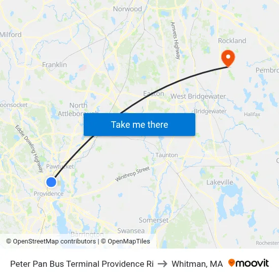 Peter Pan Bus Terminal Providence Ri to Whitman, MA map