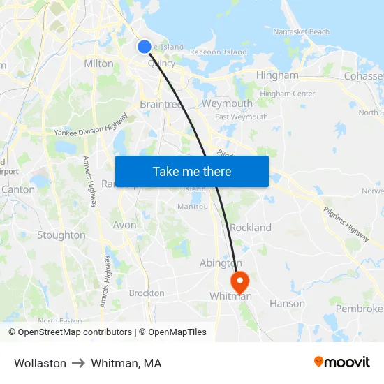 Wollaston to Whitman, MA map