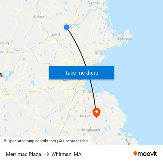 Merrimac Plaza to Whitman, MA map