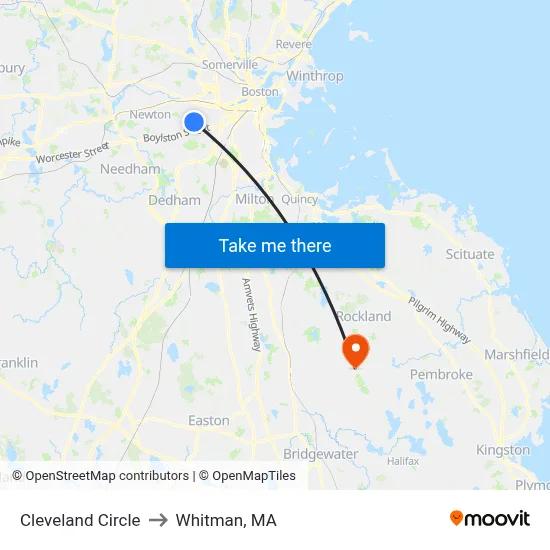 Cleveland Circle to Whitman, MA map