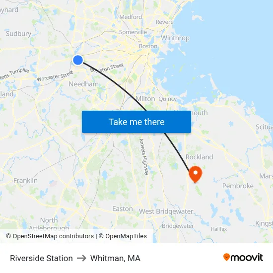 Riverside Station to Whitman, MA map