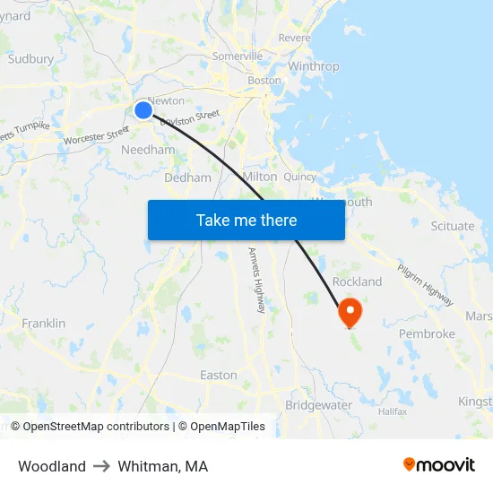 Woodland to Whitman, MA map