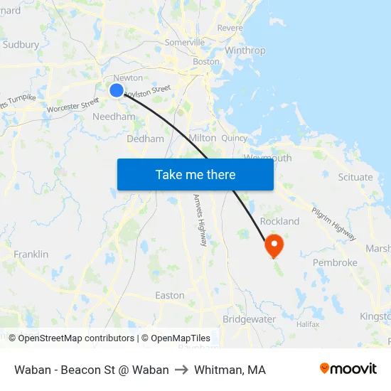 Waban - Beacon St @ Waban to Whitman, MA map