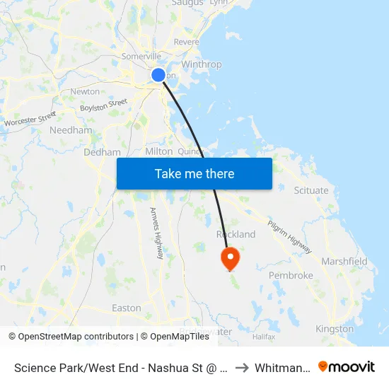 Science Park/West End - Nashua St @ Leverett Cir to Whitman, MA map