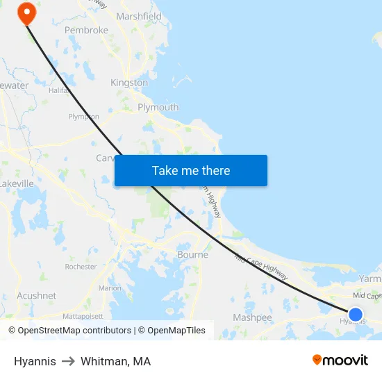 Hyannis to Whitman, MA map